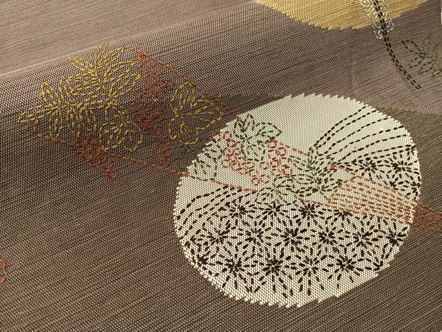 平和屋着物●総刺繍　刺し子　九寸名古屋帯　紬地　扇面花文　正絹　逸品　CABI4093vp