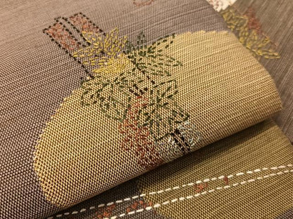 平和屋着物●総刺繍　刺し子　九寸名古屋帯　紬地　扇面花文　正絹　逸品　CABI4093vp