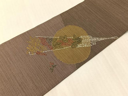 平和屋着物●総刺繍　刺し子　九寸名古屋帯　紬地　扇面花文　正絹　逸品　CABI4093vp