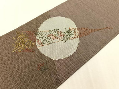 平和屋着物●総刺繍　刺し子　九寸名古屋帯　紬地　扇面花文　正絹　逸品　CABI4093vp