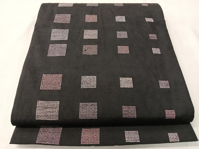 平和屋着物●両面　全通柄袋帯　紬地　花織　黒地　正絹　逸品　CABI4094vp