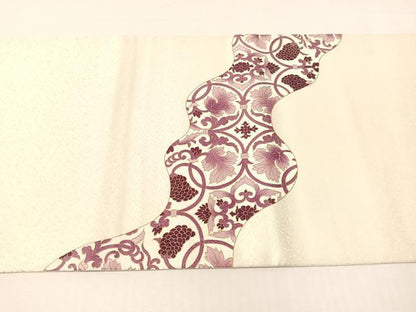 平和屋着物●太鼓柄袋帯　刺繍　道長更紗唐草文　銀通し地　正絹　逸品　CABI4099vp