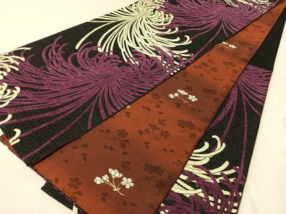 平和屋着物●両面　六通柄袋帯　モール　乱菊　黒地　金銀糸　正絹　逸品　CABI4100vp