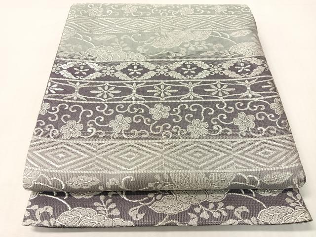 平和屋着物●両面　全通柄袋帯　花唐草横段文　銀糸　正絹　逸品　CABI4105vp