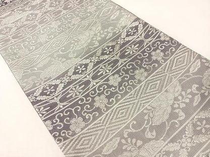平和屋着物●両面　全通柄袋帯　花唐草横段文　銀糸　正絹　逸品　CABI4105vp