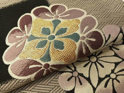 平和屋着物●六通柄袋帯　唐織　市松花文　黒地　正絹　逸品　CABI4108vp