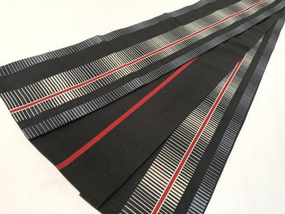 平和屋着物●本場筑前博多織　半幅帯　間道　黒地　正絹　逸品　CABI4121vp
