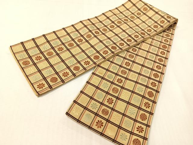 平和屋着物●本場筑前博多織　半幅帯　格子花文　正絹　逸品　CABI4123vp