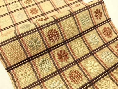 平和屋着物●本場筑前博多織　半幅帯　格子花文　正絹　逸品　CABI4123vp