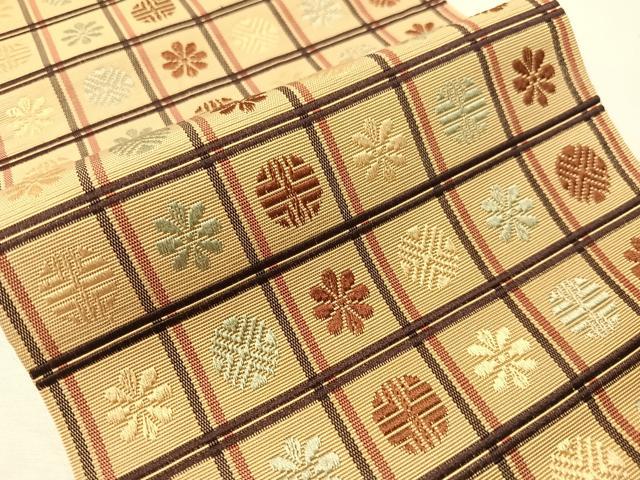 平和屋着物●本場筑前博多織　半幅帯　格子花文　正絹　逸品　CABI4123vp