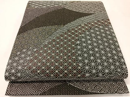 平和屋着物●総刺繍　刺し子　袋帯　名物裂　黒地　金糸　正絹　逸品　CABI4137vp