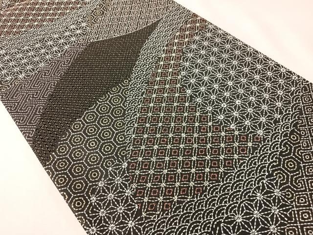 平和屋着物●総刺繍　刺し子　袋帯　名物裂　黒地　金糸　正絹　逸品　CABI4137vp