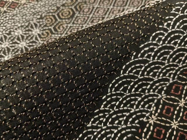 平和屋着物●総刺繍　刺し子　袋帯　名物裂　黒地　金糸　正絹　逸品　CABI4137vp