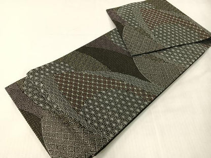 平和屋着物●総刺繍　刺し子　袋帯　名物裂　黒地　金糸　正絹　逸品　CABI4137vp