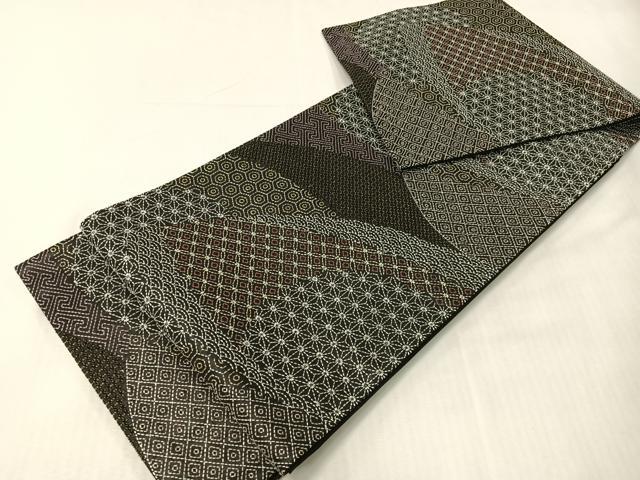 平和屋着物●総刺繍　刺し子　袋帯　名物裂　黒地　金糸　正絹　逸品　CABI4137vp