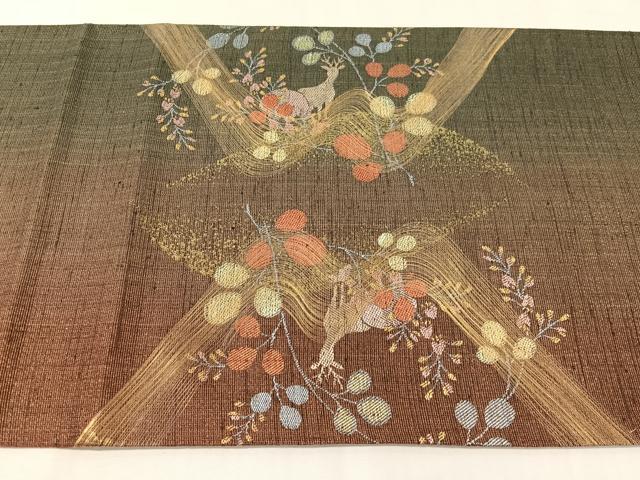 平和屋着物●名門　しょうざん　生紬　紙屋川伝承　絹漉貴　太鼓柄袋帯　動物吉祥萩文　金糸　正絹　逸品　未使用　CABI4142vp