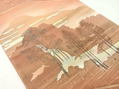 平和屋着物●本場縞大島紬　両面　太鼓柄袋帯　遠山風景文　銀彩　正絹　逸品　CABI4144vp