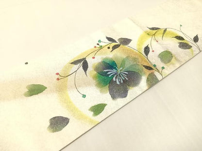平和屋着物●九寸名古屋帯　手描き　草花丸文　銀通し地　正絹　逸品　CABI4151vp