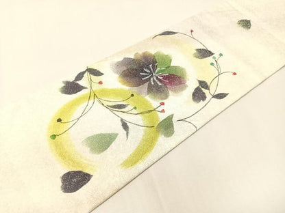 平和屋着物●九寸名古屋帯　手描き　草花丸文　銀通し地　正絹　逸品　CABI4151vp