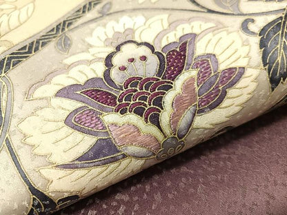 平和屋着物●太鼓柄袋帯　作家物　刺繍　更紗唐草文　銀通し地　正絹　逸品　CABI4154vp