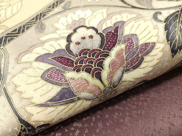 平和屋着物●太鼓柄袋帯　作家物　刺繍　更紗唐草文　銀通し地　正絹　逸品　CABI4154vp