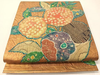平和屋着物●六通柄袋帯　紬地　絞り　草花文　金彩　正絹　逸品　CABI4167vp