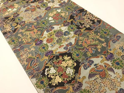 平和屋着物●全通柄袋帯　紬地　鳳凰花文　金彩　正絹　逸品　CABI4169vp
