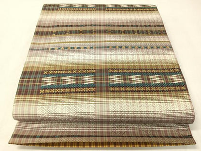 平和屋着物●両面　全通柄袋帯　紬地　花織　横段吉祥文　正絹　逸品　CABI4175vp