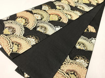 平和屋着物●六通柄袋帯　雪輪青海波花文　黒地　金銀糸　正絹　逸品　CABI4179vp