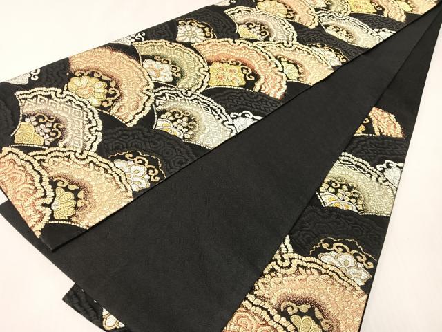 平和屋着物●六通柄袋帯　雪輪青海波花文　黒地　金銀糸　正絹　逸品　CABI4179vp