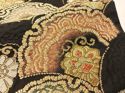 平和屋着物●六通柄袋帯　雪輪青海波花文　黒地　金銀糸　正絹　逸品　CABI4179vp