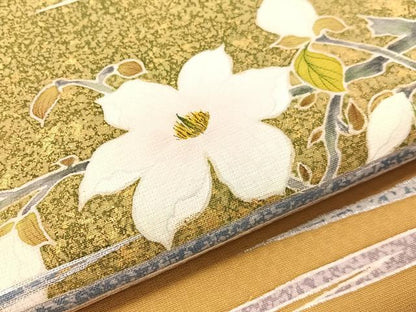平和屋着物●九寸名古屋帯　作家物　手描き　霞枝花文　金銀彩　正絹　逸品　CABI4189vp