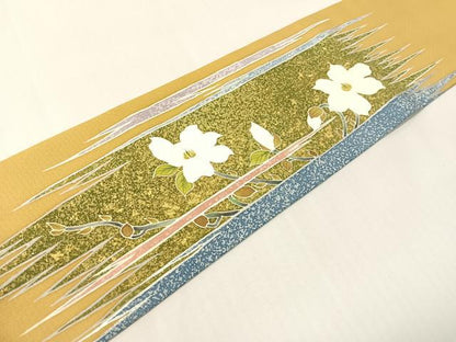 平和屋着物●九寸名古屋帯　作家物　手描き　霞枝花文　金銀彩　正絹　逸品　CABI4189vp