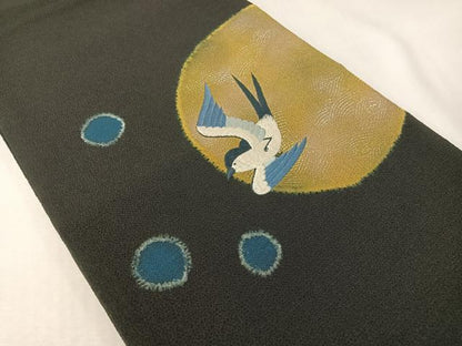平和屋着物●太鼓柄袋帯　手刺繍　燕　絞り　黒地　金銀彩　鬼しぼ縮緬　やまと誂製　正絹　逸品　未使用　CABI4197vp