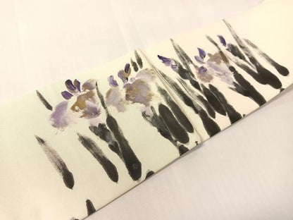 平和屋着物●塩瀬　九寸名古屋帯　作家物　手描き　杜若　金彩　正絹　逸品　CABI4223vp