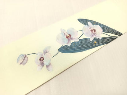 平和屋着物●九寸名古屋帯　作家物　手描き　紬地　胡蝶蘭　金銀彩　正絹　逸品　CABI4224vp