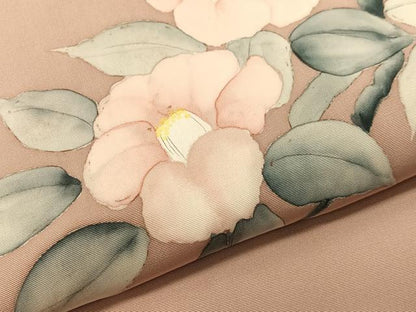 平和屋着物●塩瀬　九寸名古屋帯　手描き　枝椿　正絹　逸品　CABI4226vp