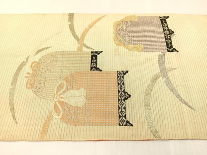 平和屋着物●アンティーク　大正ロマン　両面　六通柄　本袋帯　花蝶文　金彩　正絹　逸品　CABI4230vp