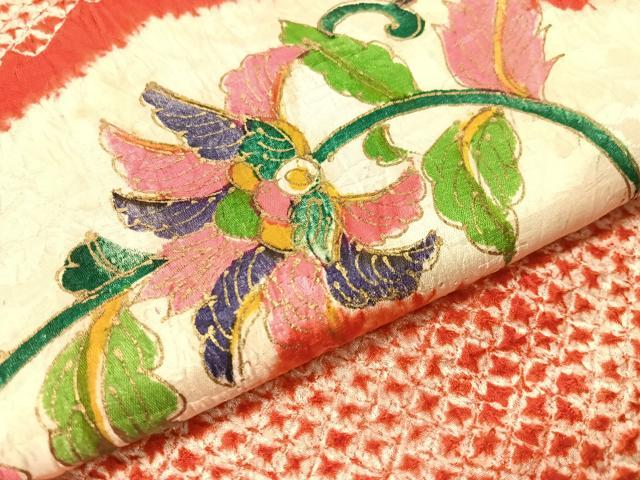 平和屋着物●アンティーク　大正ロマン　九寸名古屋帯　絞り　松皮菱更紗　金彩　正絹　逸品　CABI4232vp