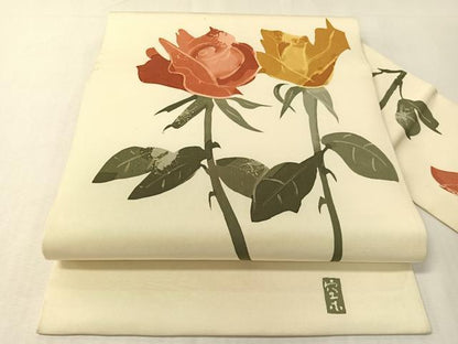 平和屋着物●日展染色作家　高久空木　ろうけつ染め　塩瀬　九寸名古屋帯　薔薇　正絹　逸品　CABI4237vp