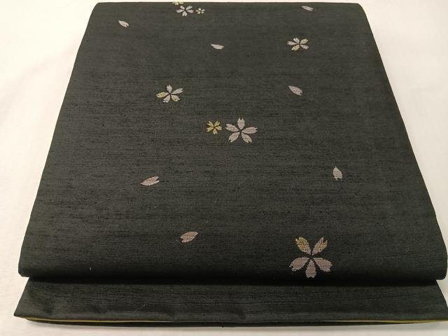 平和屋着物●太鼓柄袋帯　紬地　舞桜　黒地　正絹　逸品　CABI4240vp