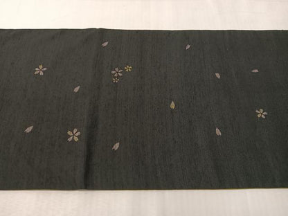 平和屋着物●太鼓柄袋帯　紬地　舞桜　黒地　正絹　逸品　CABI4240vp