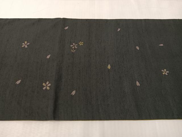 平和屋着物●太鼓柄袋帯　紬地　舞桜　黒地　正絹　逸品　CABI4240vp
