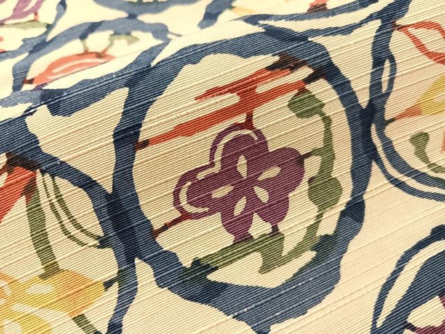 平和屋着物●九寸名古屋帯　紬地　型染め　花丸文　正絹　逸品　CABI4242vp