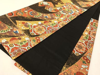 平和屋着物●西陣　河合美術織物謹製　六通柄袋帯　唐織　豊明錦　黒地　金糸　正絹　逸品　CABI4243vp