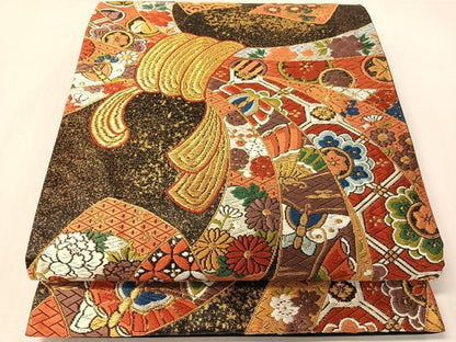 平和屋着物●西陣　河合美術織物謹製　六通柄袋帯　唐織　豊明錦　黒地　金糸　正絹　逸品　CABI4243vp