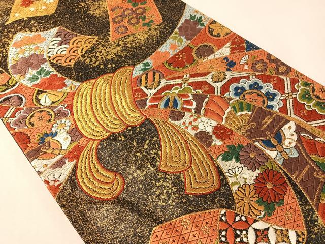 平和屋着物●西陣　河合美術織物謹製　六通柄袋帯　唐織　豊明錦　黒地　金糸　正絹　逸品　CABI4243vp