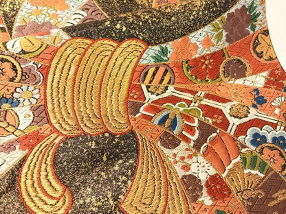 平和屋着物●西陣　河合美術織物謹製　六通柄袋帯　唐織　豊明錦　黒地　金糸　正絹　逸品　CABI4243vp