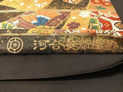 平和屋着物●西陣　河合美術織物謹製　六通柄袋帯　唐織　豊明錦　黒地　金糸　正絹　逸品　CABI4243vp