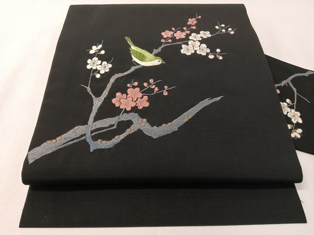 平和屋着物●総刺繍　九寸名古屋帯　枝梅鳥文　黒地　金銀糸　CABI4245vp